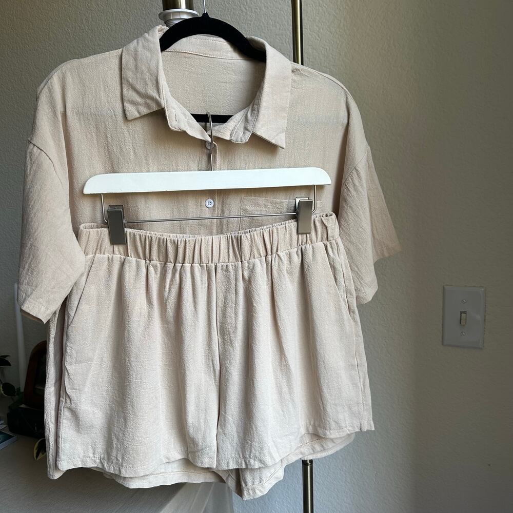 Cream 2-Piece Short Sleeve Button Up Set
